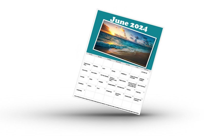 June 2024 Calendar page with a sunset photo on top and photography prompts listed for each day of the month below.