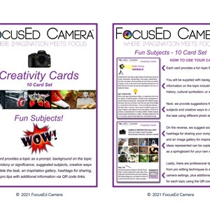 Photography Creativity Cards Inspiration Ideas Cheat Sheets Learn with Fun Subjects 10 Card Set for Photographer or Student DIGITAL image 2