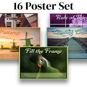 May include: A set of 16 posters with photography composition tips. Each poster features a different photography concept, including "Framing", "Patterns", "Rule of Thirds", "Leading Lines", and "Fill the Frame". The posters have colorful backgrounds and text.