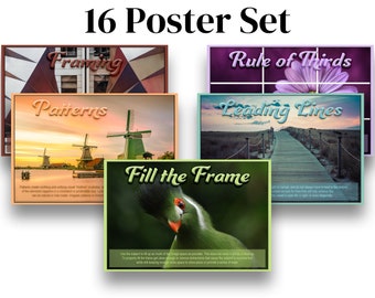 Conceptos básicos de composición: juego de 16 carteles para fotografía o arte/diseño: impresión en tamaño grande para aula o para el profesor, o en tamaño pequeño para tarjetas de tareas.