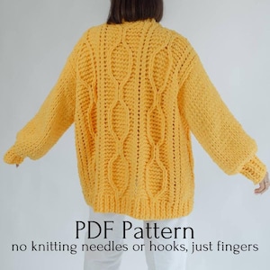 May include: A yellow knitted cardigan with a cable knit pattern. The text "PDF Pattern no knitting needles or hooks, just fingers" is at the bottom of the image.