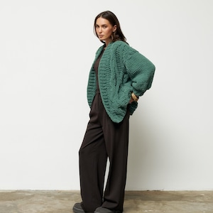 chunky hand knit green cardigan, cable knit warm open front sweater, handmade oversized gift for mom