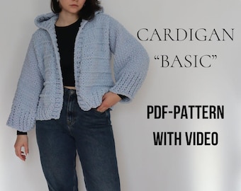 Chunky Knit Cardigan with Hood Knitting Pattern, Knit Cardigan Women's Pattern, Cardigan Crochet Finger Knitting PDF VIDEO Pattern