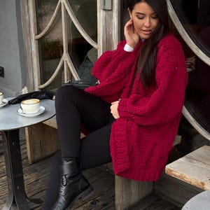 red burgundy cherry chunky cable knit crochet cardigan, hand knit sweater for women, gift for sister