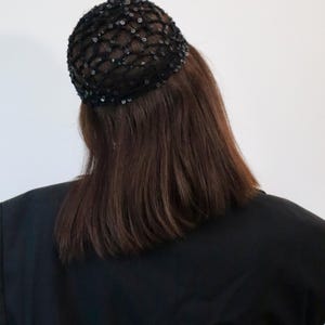 crochet black beanie hat, crochet summer accessories, mesh skull cap hair net, women lace boho cotton hat
