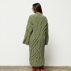 open long chunky knit green kimono cardigan duster, unisex oversized long sleeve sweater, gift for sister