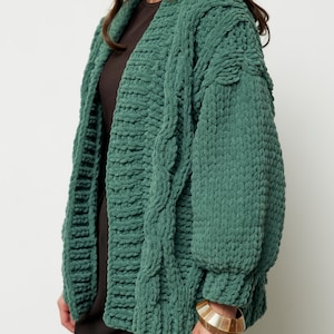 chunky knit cardigan, hand knit sweater, cable knit cardigan, gifts for girlfriend, warm sweater,open front cardigan, green cardigan