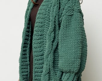 Hand Knit Chunky Cable Cardigan, Green Crochet Sweater