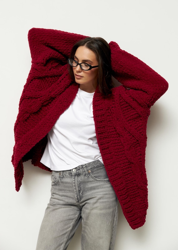 Chunky Knit Open Front Cardigan for Girlfriend, Hand-knit Cable