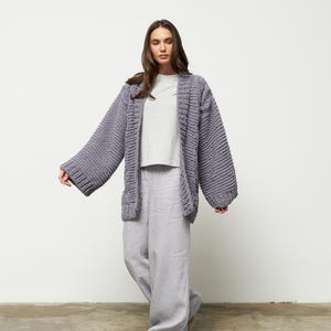 cable knit grey kimono cardigan, oversized open front crochet sweater, hand knit duster