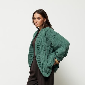 chunky hand knit green cardigan, cable knit warm open front sweater, handmade oversized gift for mom