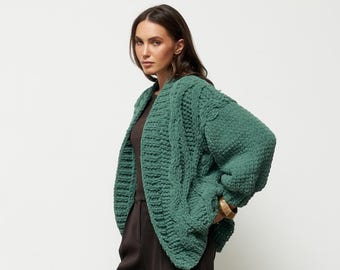 chunky hand knit green cardigan, cable knit warm open front sweater, handmade oversized gift for mom