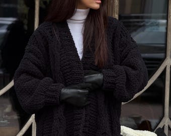 black hand knit cardigan, warm cable knit chunky crochet sweater, homewear gift for girlfriend
