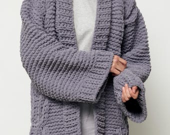 Oversized Cable Knit Cardigan, Grey Chunky Sweater, Kimono Cardigan, Open Front Knit Coat, Cozy Oversized Cardigan