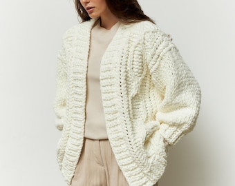 Cream Oversized Crochet Cardigan, Chunky Cable Knit Sweater, Handmade Knit Cardigan, Cottagecore Cardigan, Balloon Sleeve Sweater