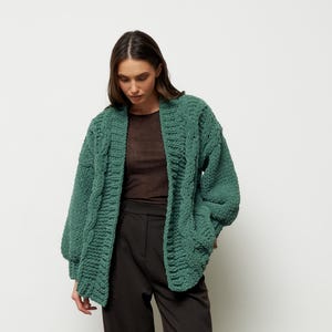 chunky knit cardigan, hand knit sweater, cable knit cardigan, gifts for girlfriend, crochet cardigan ,open front cardigan, green cardigan