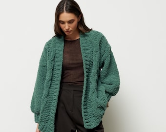 chunky knit cardigan, hand knit sweater, cable knit cardigan, gifts for girlfriend, crochet cardigan ,open front cardigan, green cardigan