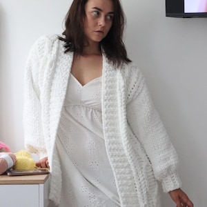Cute White Crochet Cable Knit Cardigan, Open Front Chunky Sweater, Cozy Loungewear, Gifts for Girlfriend, Cute Pajamas