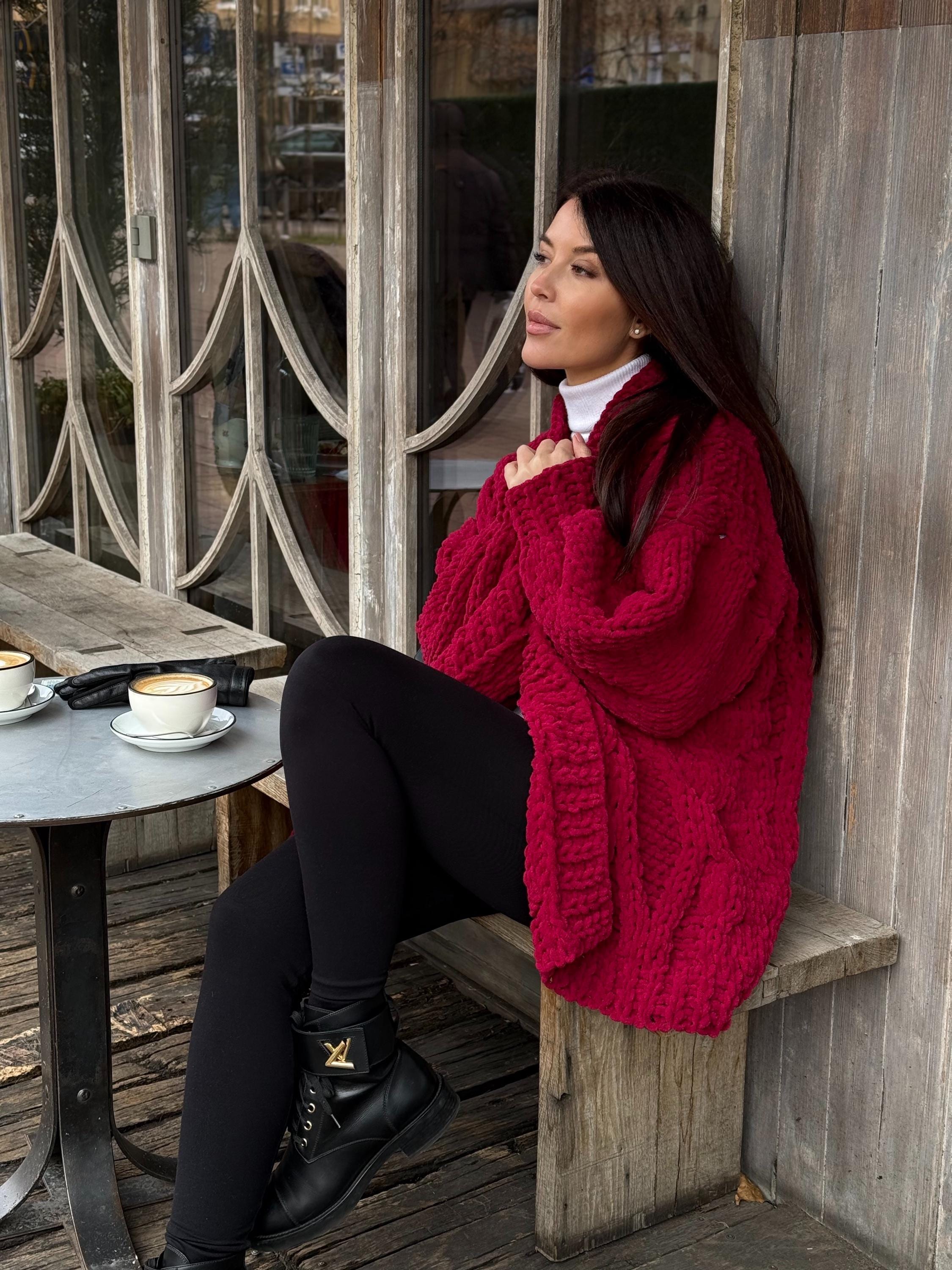 Red Crochet Cardigan, Burgundy Chunky Knit Cardigan, Cherry Cable