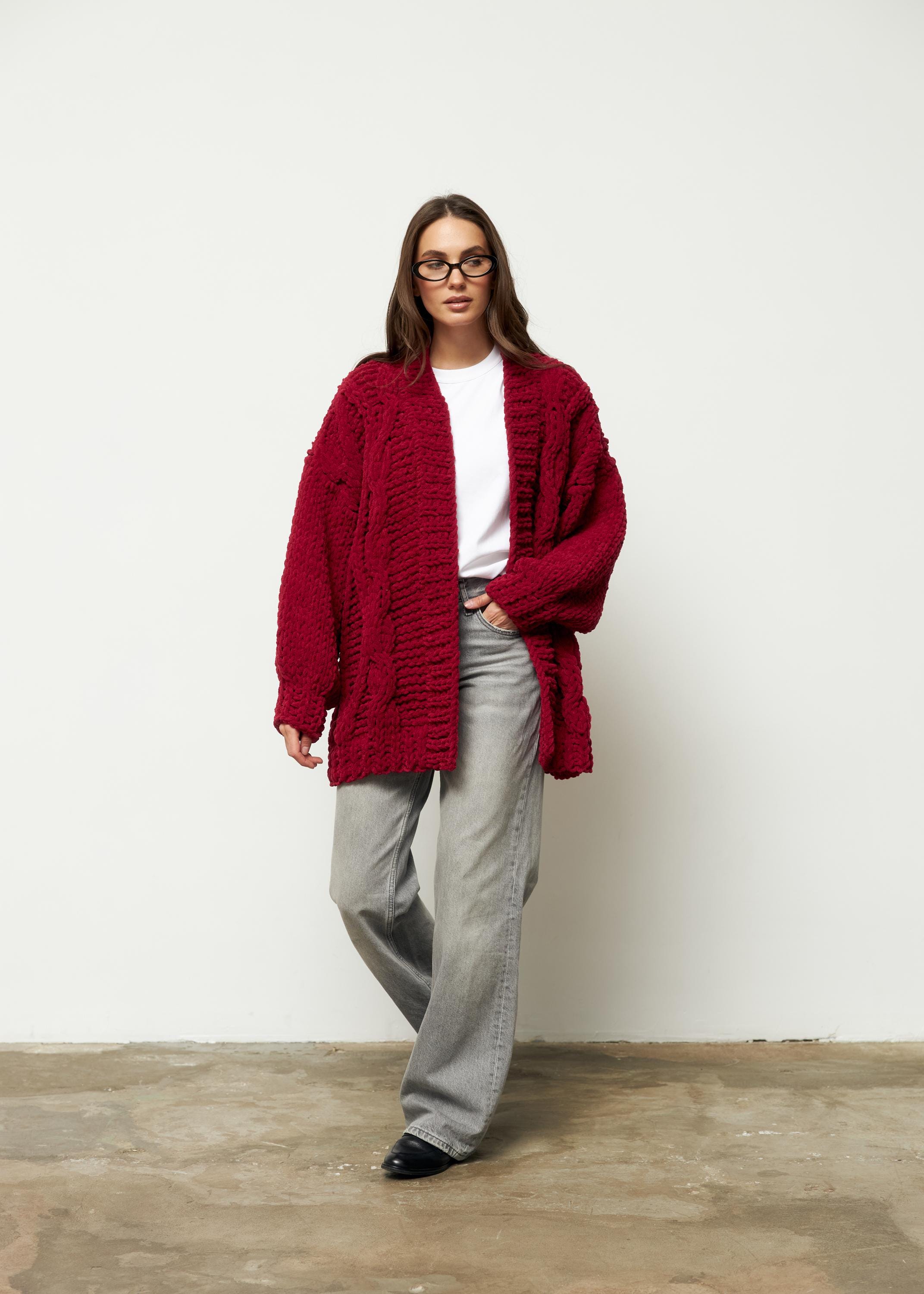 Red Crochet Cardigan, Burgundy Chunky Knit Cardigan, Cherry Cable