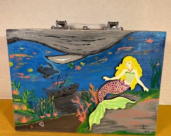 Hand painted Under the Sea themed Mermaid Wooden box with handle