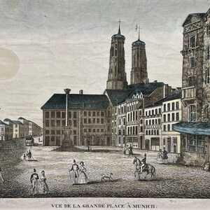 Rare Original 1800s Print, View Of Grand Palace In Munich, Germany, Hand Colored Engraving,Old Copper Plate