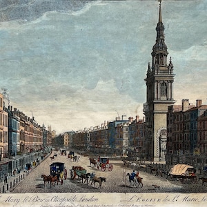 May include: An antique engraving depicting a street scene in London, England. The engraving shows a church with a tall spire, and a street lined with buildings. The street is filled with people and horse-drawn carriages. The text "The Church of St. Mary le Bow in Cheapside London" is at the bottom of the engraving.