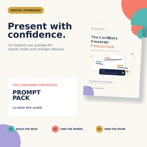 Puede incluir: Una descarga digital titulada The Confident Presenter PromptPack, una guía PDF de 12 páginas con 14 prompts listos para usar para diapositivas más claras. El gráfico incluye elementos de texto como Build the Deck, Find the Words y Own the Room.