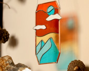 Stained Glass Sunset Mountains Window Hanging: Minimalist Landscape Suncatcher