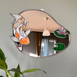 Espejo de vidrieras de estanque Koi, decoración de pared de flor de loto, Lilly De agua, almohadillas Lilly y peces Koi, espejo ovalado de la sala de estar, espejo circular