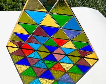 Stained glass triangle pyramid window panel, Rainbow pyramid suncatcher