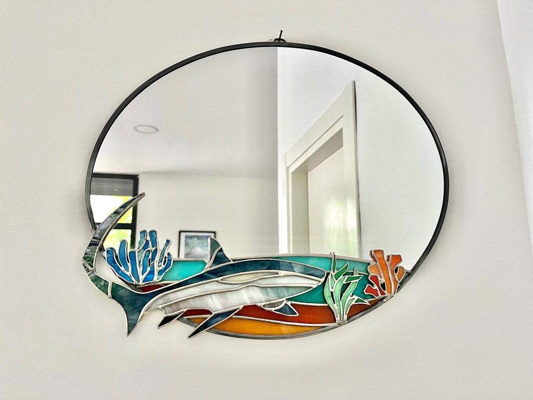 Thresher Shark Stained Glass Mirror, Oval Mirror, Living Room Mirror
