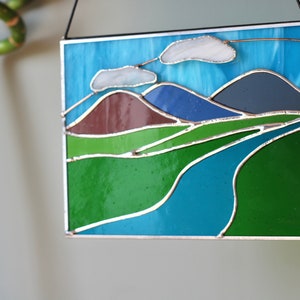 Stained Glass Landscape Suncatcher: River and Mountains Window Hanging