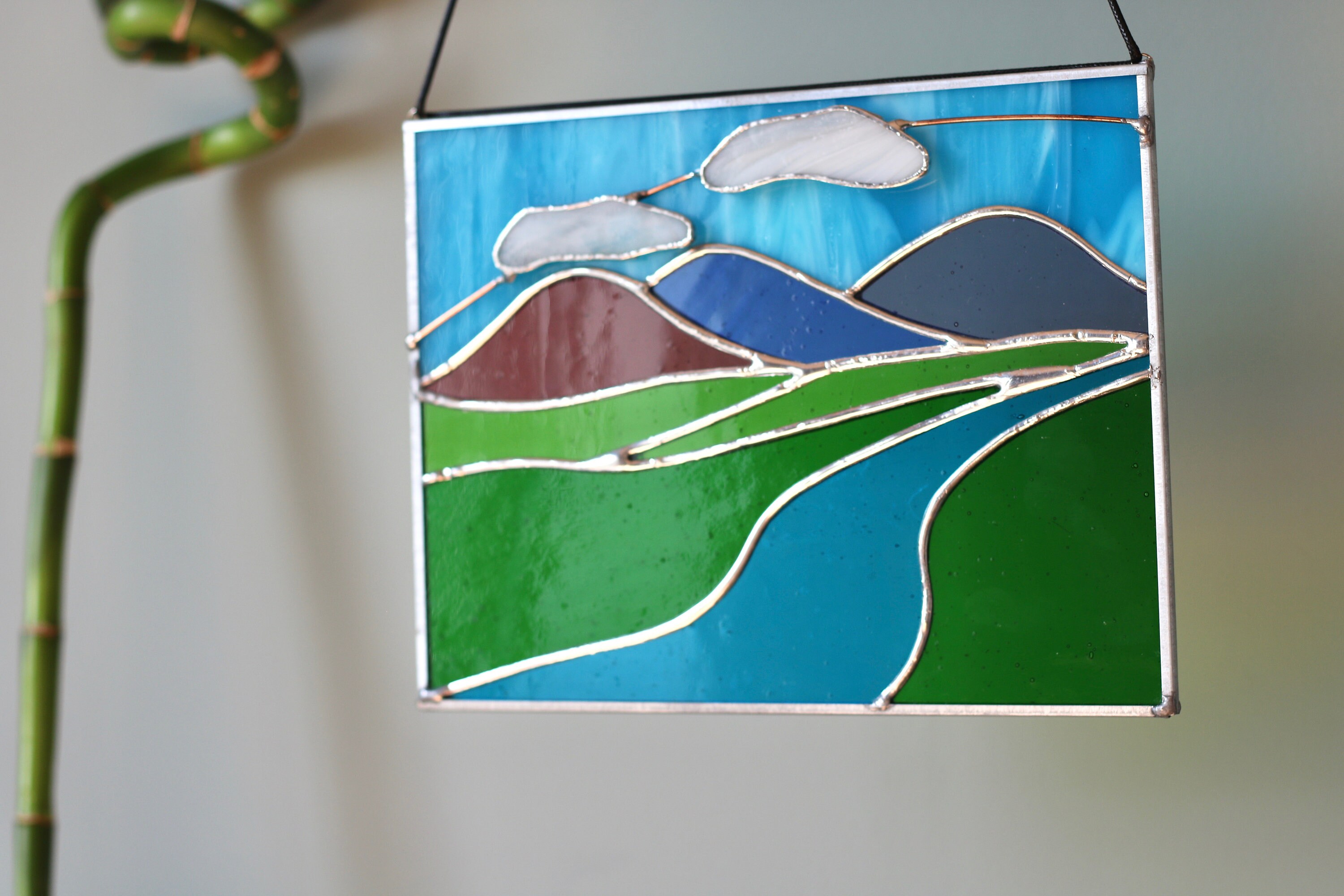 Stained Glass Landscape Suncatcher: River and Mountains Window Hanging