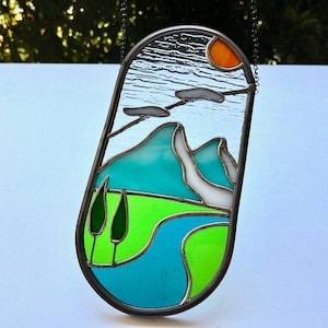 Stained Glass Mountain Suncatcher: Minimalist Landscape Window Hanging