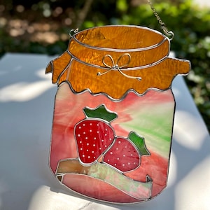 Strawberry Jam Stained Glass Suncatcher: Strawberry Kitchen Window Decor, 3D Wall Art