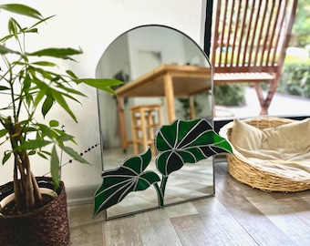 Alocasia leaves Stained glass Mirror, Modern Mirror, Floor Mirror, Living room Mirror, Plant Decor, Stained glass Leaf