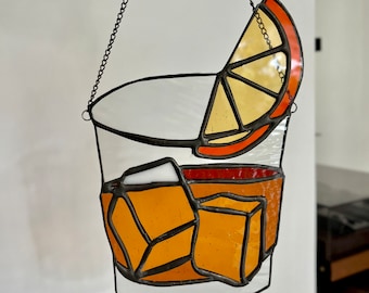 Negroni Cocktail Stained Glass Suncatcher: Bar Decor Window Hanging