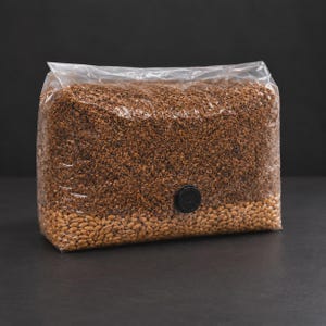 Pode incluir: Um saco retangular de plástico transparente preenchido com um substrato fibroso castanho-escuro no topo e uma camada de grãos castanho-claros na base. Um pequeno filtro circular preto está centrado na parte frontal do saco.