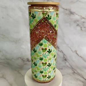 20-oz Skinny Glass Cute Cactus Snow Globe Tumbler with Pink Glitter, Bamboo Lid, and Straw