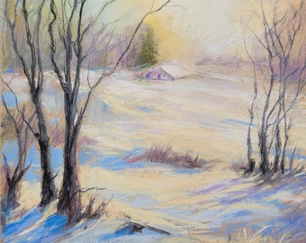 Original pastel painting, Snow scene