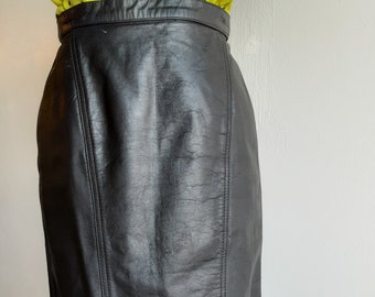 1980s Black Leather Pencil Skirt