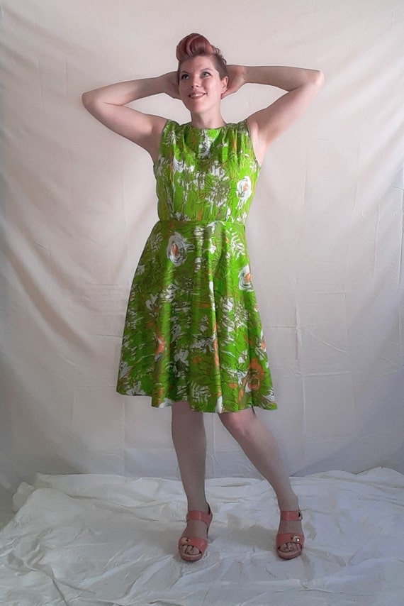 1960s Lime Green Floral Party Dress - image 4
