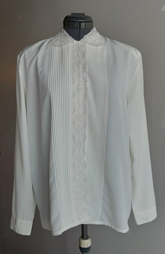 1990's White Blouse w/ Lace Collar and Beaded Det… - image 2