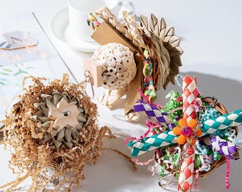 Juguetes masticables naturales para loros – Hierba marina, palma, madera (Juego de 3)