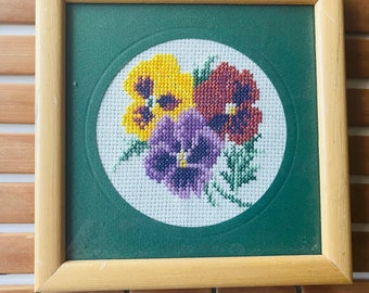 MCM Vintage 6”x6” Crewel Floral Violet Wall Decor