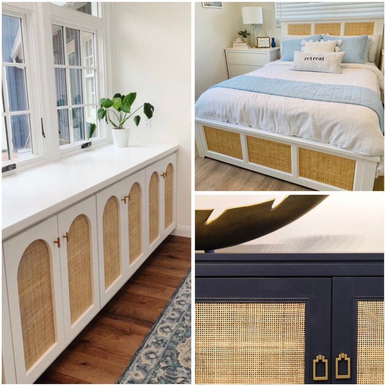 May include: White cabinet with six doors featuring woven cane panels and gold hardware. The cabinet is set against a white wall with a window and a green plant in a white pot. The cabinet is sitting on a hardwood floor with a blue and white patterned rug.