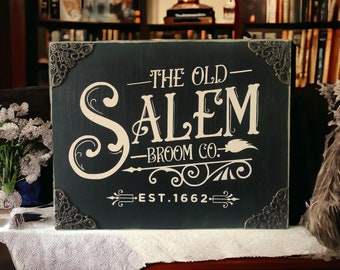 Vintage-Style Dark Green Wood Canvas Sign - 'The Old Salem Broom Co. Est 1662' with Bronze Plated Edge Corners, 8" x 10"