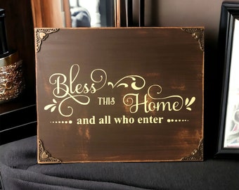 Blessed Entryway - Wood Canvas Sign – Brown with Cream Vinyl Lettering and Antique Bronze Plated Corners, Elegant Home Decor