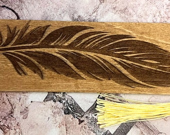 Feather Engraved Wood Bookmark with Cream Tassel - 2" x 7"